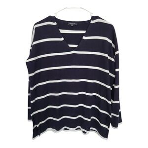 Lafayette 148 New York Striped V Neck Sweater Womens Size S Navy Blue White Fall